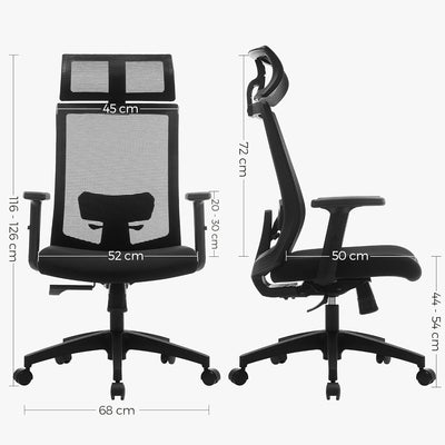 SONGMICS Bürostuhl, Schreibtischstuhl mit Netzbespannung, verstellbare Lendenstütze, Kopfstütze und