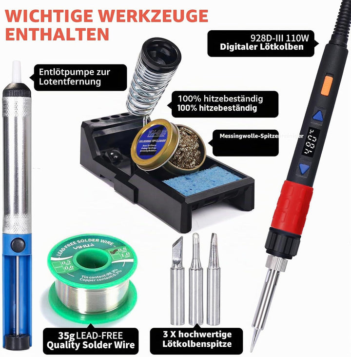 YIHUA 928D-III Lötkolben Set 110W digitales Lötset Temperaturstabilisierungsfunktion mit 3 Lötspitze