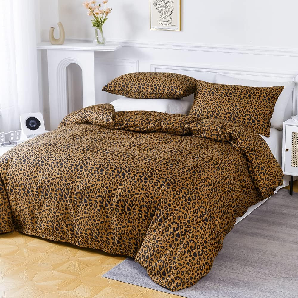 Bettwäsche 135x200 4teilig Leopard Muster Braun Gold Gelb Leopardenmuster Bettwäsche-Sets Leo Microf