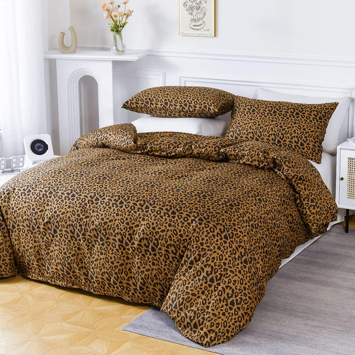 Bettwäsche 135x200 4teilig Leopard Muster Braun Gold Gelb Leopardenmuster Bettwäsche-Sets Leo Microf