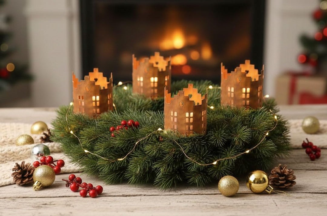 LB H&F 4er Set Adventskranzstecker HÄUSER Deko Kerzenhalter Advent Rost Metall Weihnachten KERZENSTE