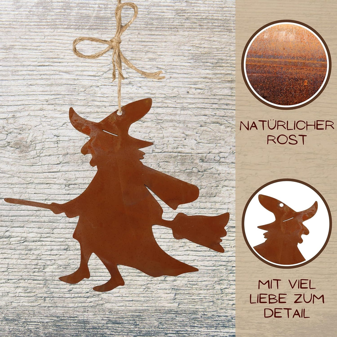 Rostikal Kleine Hexe 16 x 19 cm Hängedeko Halloween Gartendeko Rost Metall Deko Figur zum Hängen, zu