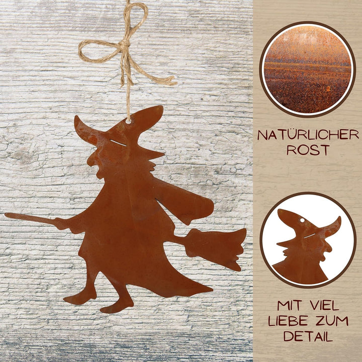 Rostikal Kleine Hexe 16 x 19 cm Hängedeko Halloween Gartendeko Rost Metall Deko Figur zum Hängen, zu