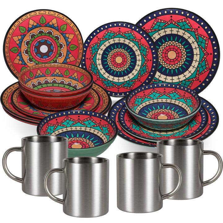Melamin Geschirr Set Toskana Deep - Rot-Grün - mit Edelstahl Thermo Tassen Mandala-Optik Spülmaschin