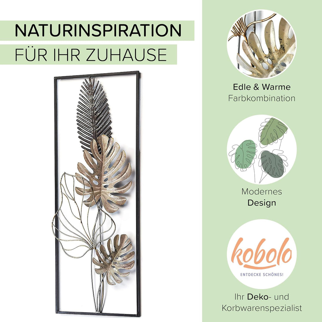 Kobolo Wandbild Monstera, 29x74x3 cm, Metall, schwarz-gold-weiss, modernes Metallbild, stilvolle Wan