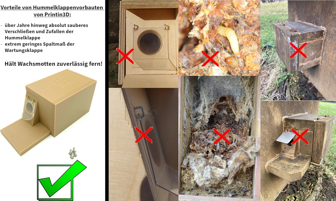 Grosser Hummelklappenvorbau, Hummelklappe/Wachsmottensperre - Eingang Links, für Ihren Hummelkasten