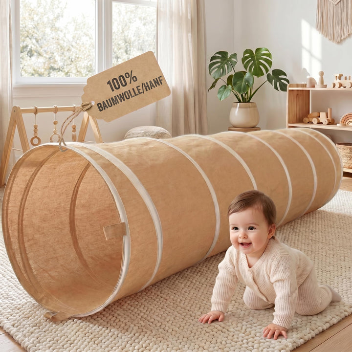 Spieltunnel für Kinder aus Baumwolle/Hanf mit Klettverschlüssen [180cm x 46cm] Krabbeltunnel für Bab