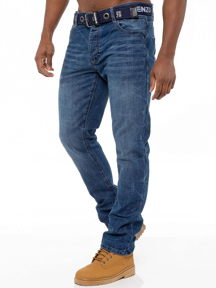 Enzo Designer-Herren-Jeans mit geradem Bein, normale Passform, Denim-freier Gürtel, King-Size-Grösse