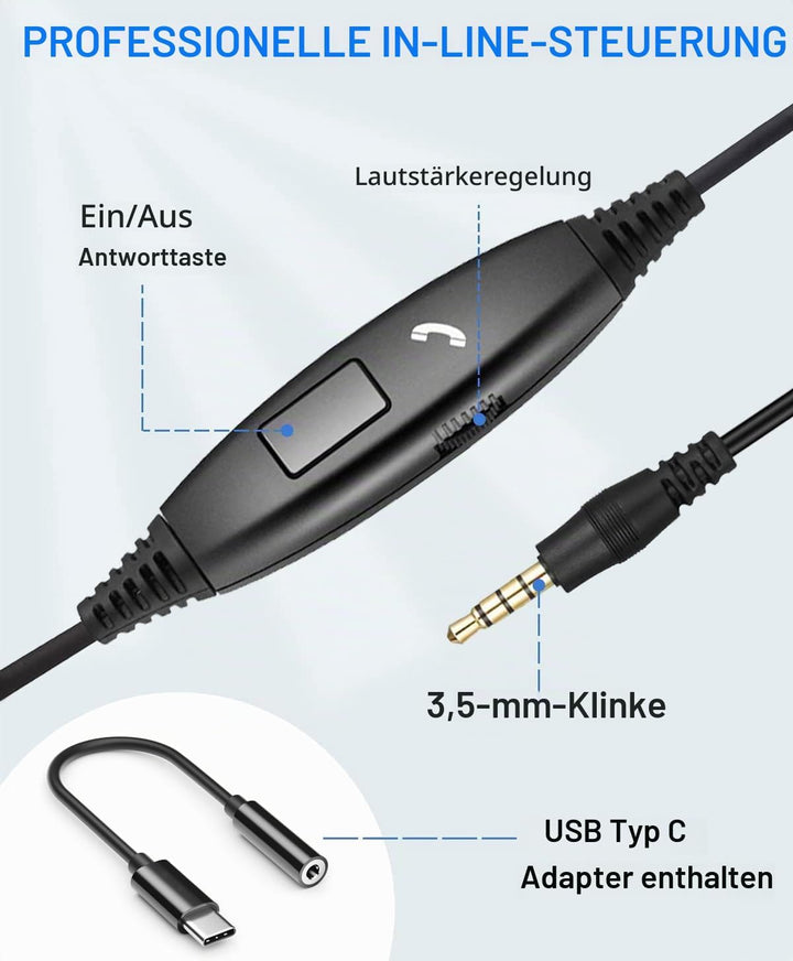 Headset Handy 3,5mm Klinke mit Mikrofon Noise Cancelling, PC Kopfhörer für Laptop Computer iPhone Sa