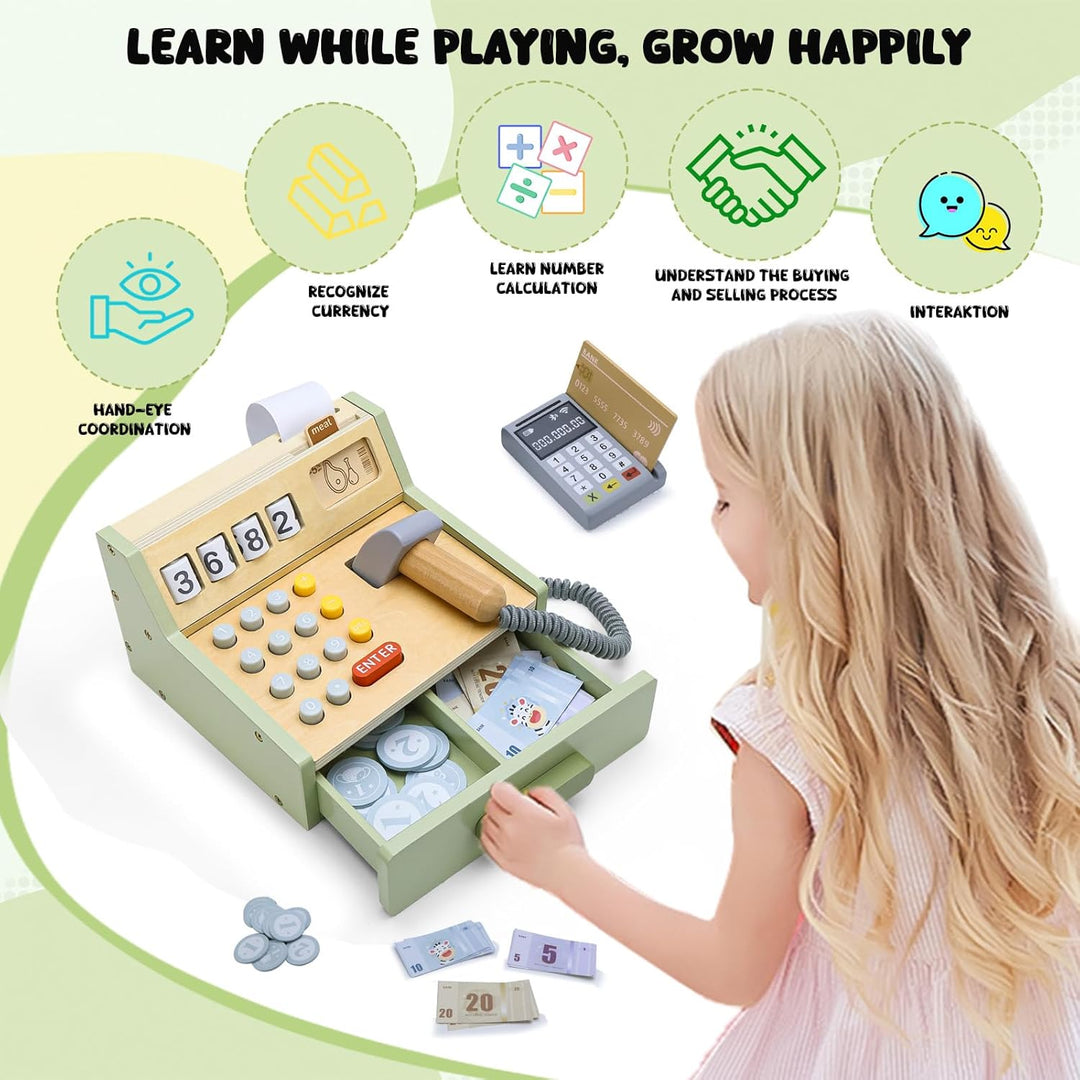 Holz Kaufladen Kasse mit Scanner, Zahlungsterminal, Spielgeld, Rollenspiel Zubehör für Kinder ab 3 J