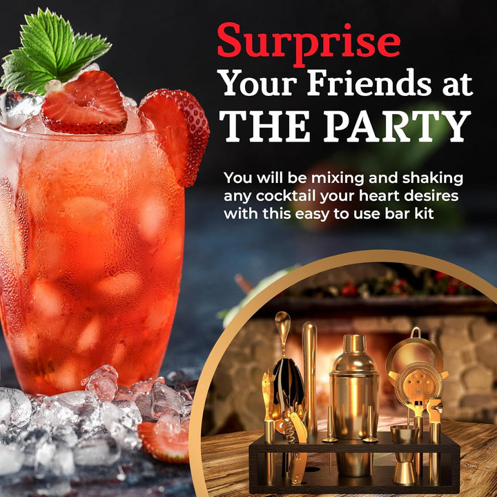 Highball & Chaser Barkeeper-Set mit Espresso-Bambusständer. Schönes Cobbler-Cocktail-Shaker-Set mit