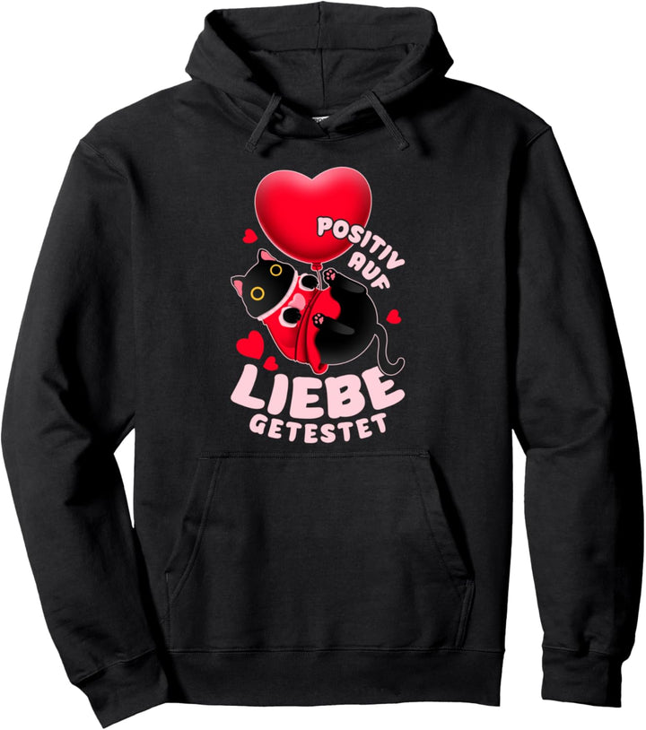 Valentinstag Spruch, schwarze Katze mit Herzluftballon Pullover Hoodie