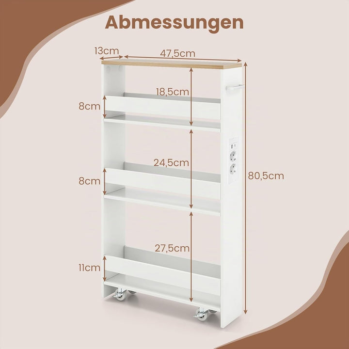 COSTWAY Nischenwagen 13cm breit, 4 Etagen Küchenwagen schmal mit Ladestation, Nischenregal auf Rolle