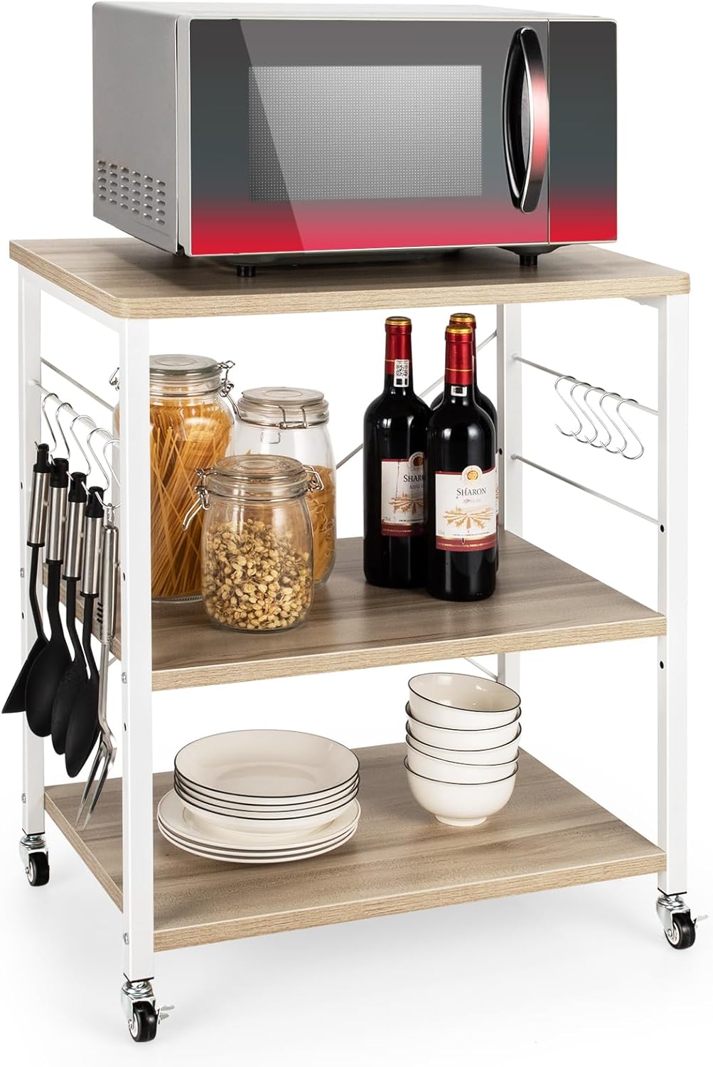 COSTWAY 3 Ebenen Servierwagen, Rollwagen mit Verstellbarer Ablage & 10 abnehmbaren Haken, Küchenwage