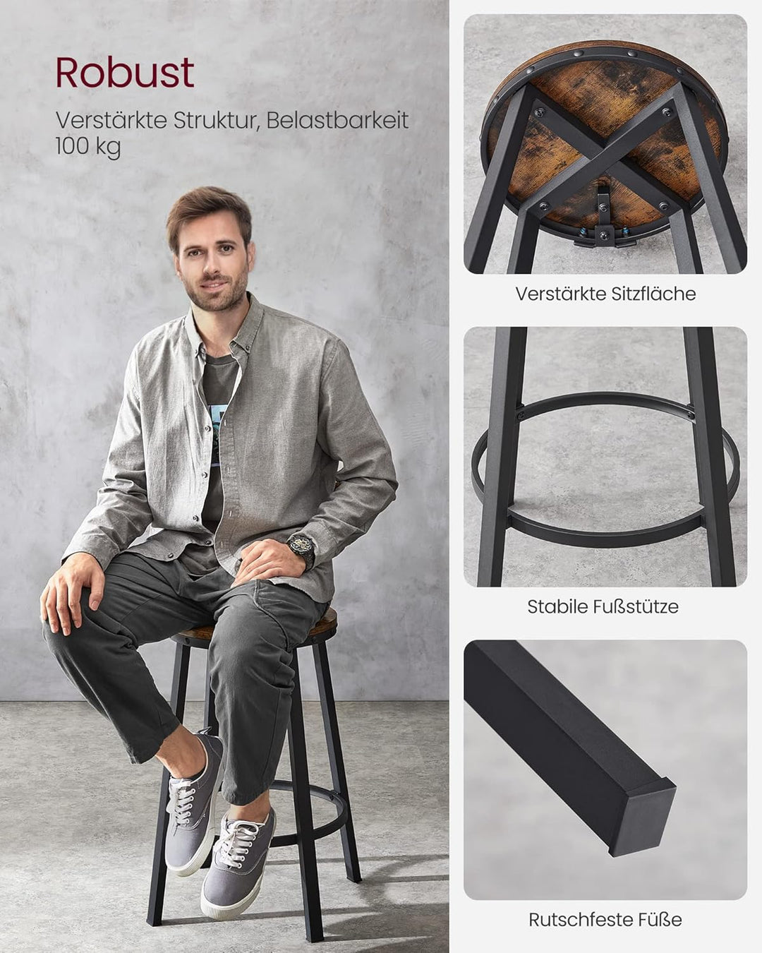 VASAGLE Barhocker, 2er Set, Barstühle, Küchenstühle mit Metallgestell, Sitzhöhe 62,5 cm, einfache Mo