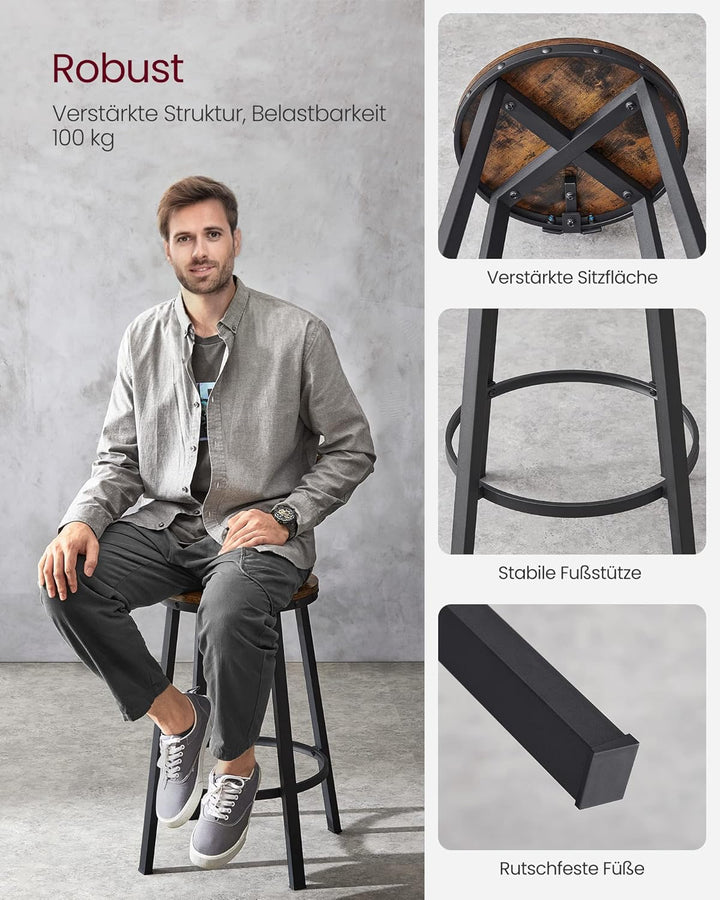VASAGLE Barhocker, 2er Set, Barstühle, Küchenstühle mit Metallgestell, Sitzhöhe 62,5 cm, einfache Mo