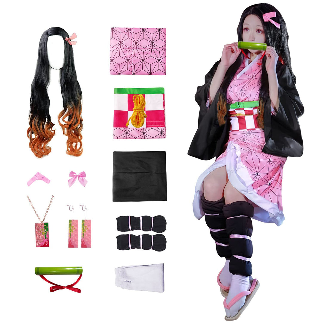 JYakeji 10 Stück Japanische Anime Demon Slayer Cosplay:Kamado Nezuko Cosplay Kostüm mit Perücke, Wei