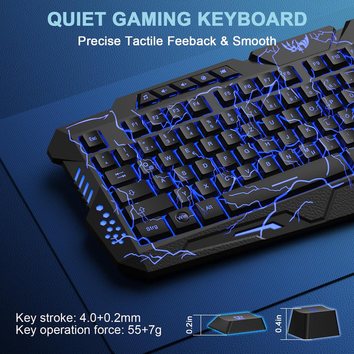 Gaming Tastatur und Maus Set mit Headset, QWERTZ DE Layout, Crack Beleuchtete Tastatur, 4 Farben LED