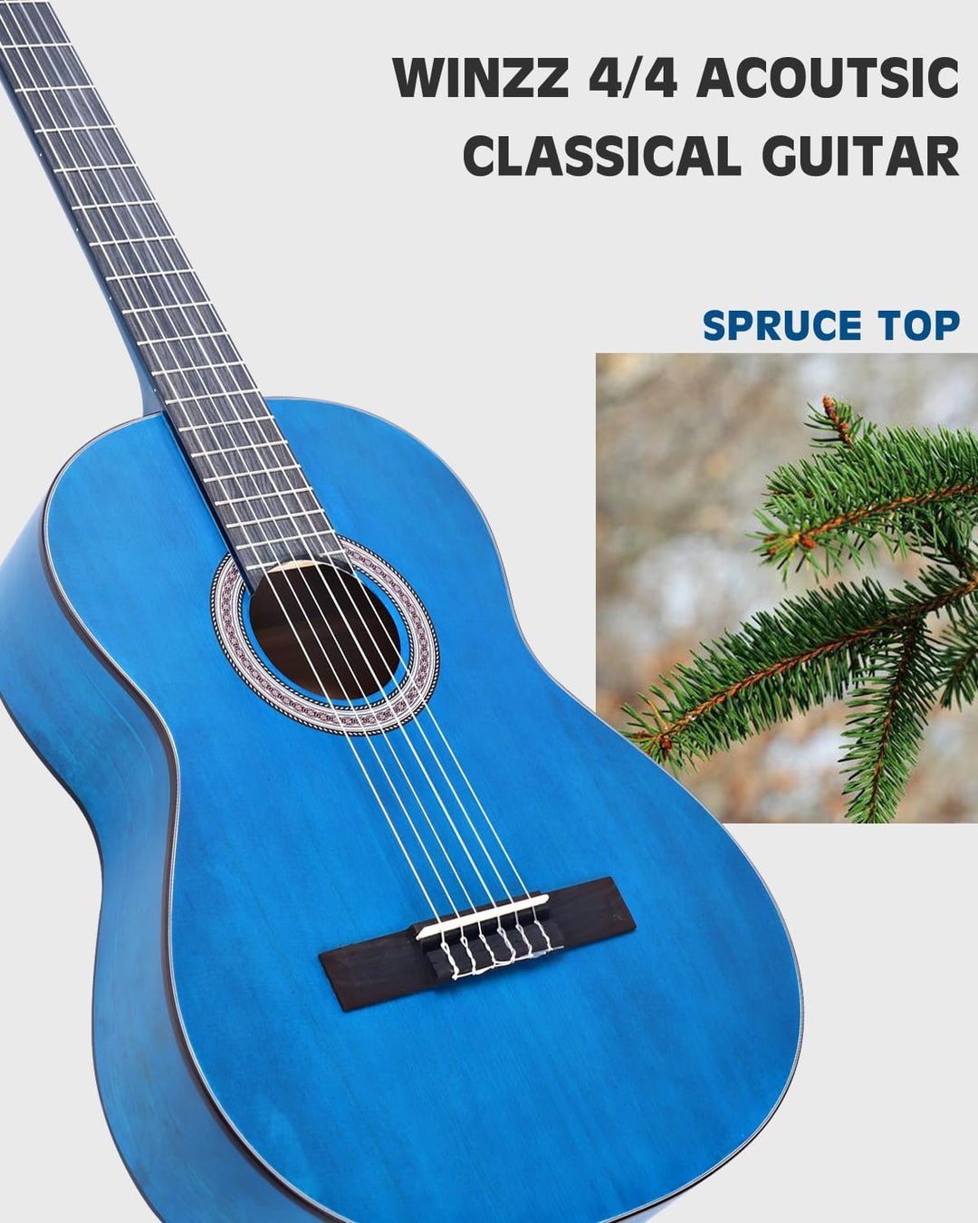 Winzz Konzertgitarre 4/4 Erwachsene, Klassische Gitarre für Anfänger 39 Zoll, Blau, Blau