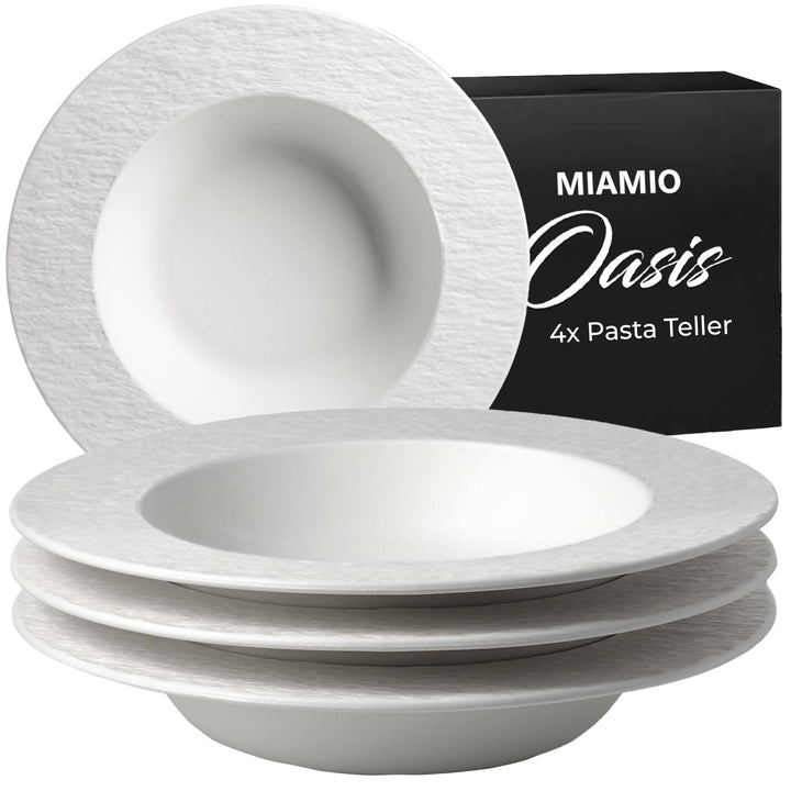 MIAMIO - Suppenteller Set/Pastateller, Keramik (650ml) - Oasis (Weiss) | Keramik Suppenteller Set, 4