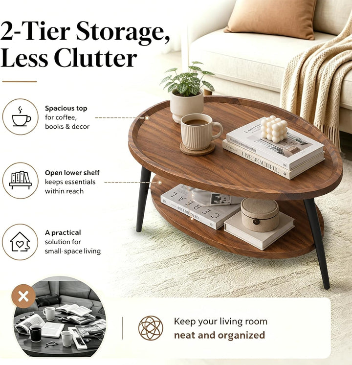 Couchtisch Oval Holz | Wohnzimmer Tisch für Couch | Wohnzimmertisch mit Stauraum | Einfacher Aufbau