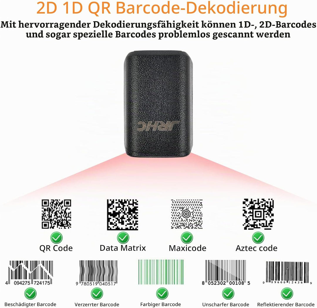 JRHC 1D 2D Bluetooth tragbarer Ring Barcode Scanner, tragbarer Mini Barcode-Barcode-Leser mit 2,4-GH