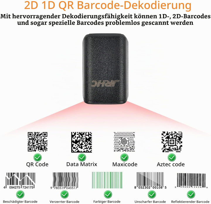 JRHC 1D 2D Bluetooth tragbarer Ring Barcode Scanner, tragbarer Mini Barcode-Barcode-Leser mit 2,4-GH