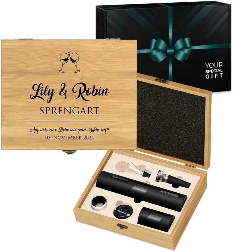 Maverton 6er Weinset in Geschenkbox mit Aufdruck - Flaschenöffner Set - elektrischer Weinöffner - We