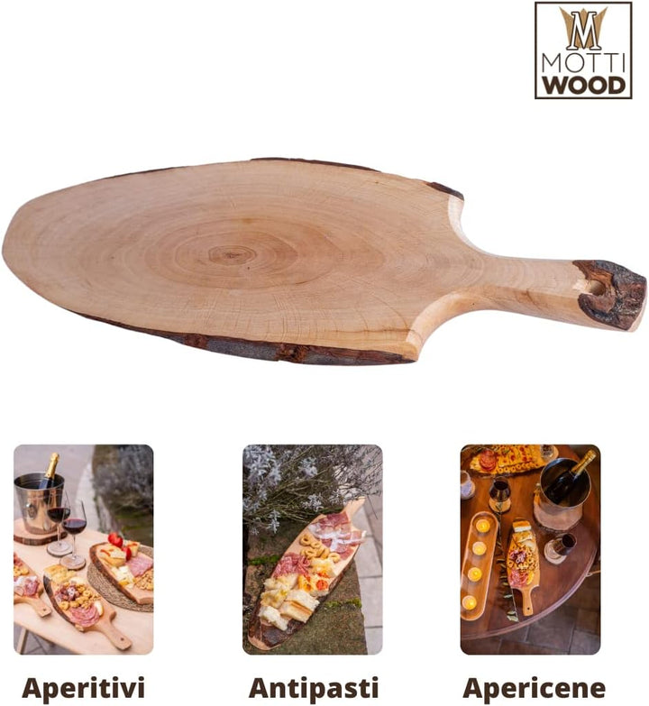 Schneidebrett mit Rinde mit Griff, Aperitiftablett aus echtem Holz, Masse 50 x 20 x 3 cm (2 Stück)