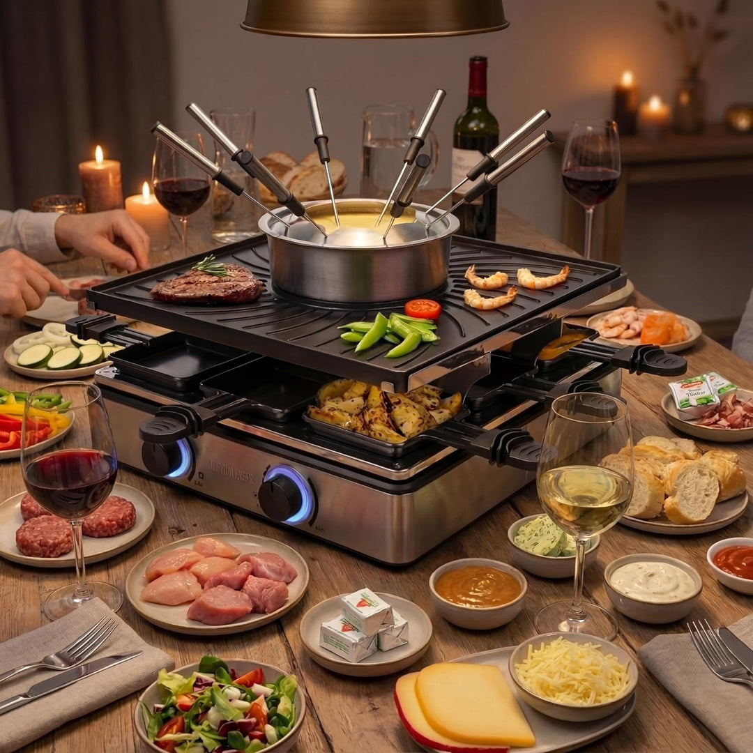 Princess Raclette und Fondue 5-in-1, 8 Personen, Doppelte Thermostate, 1,3 L Fonduetopf, PFAS-frei,