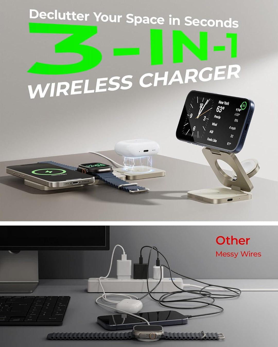 LULULOOK Ultra Kompakt Qi2.2 25W 3 in 1 Ladestation, Faltbar Reise MagSafe Ladegerät für iPhone 17/1