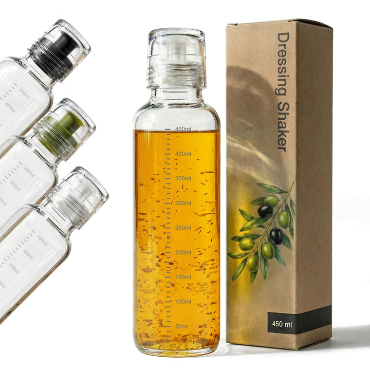 Dressingshaker aus Glas mit Skalierung 450ml | Dressing Behälter mit tropffreien Ausguss, spülmaschi