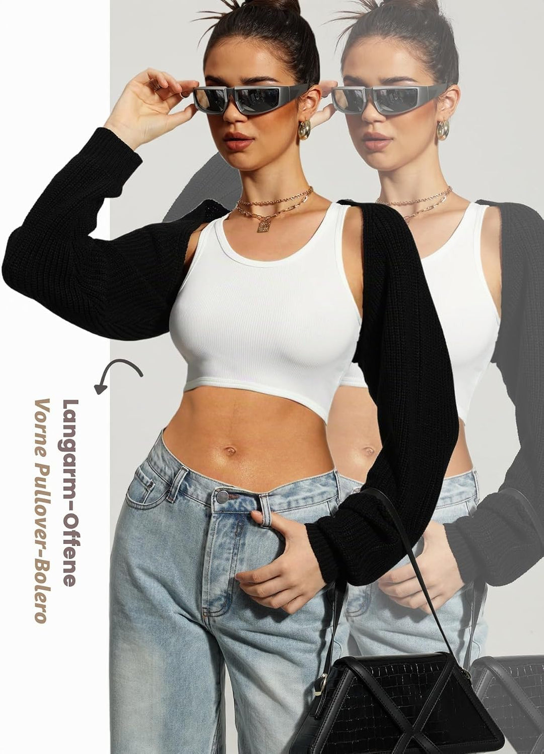 Navneet Bolero Damen Boleros Kurz Oversize Strickpullover Y2K Crop Top Shrug Winter Strickjacke Card