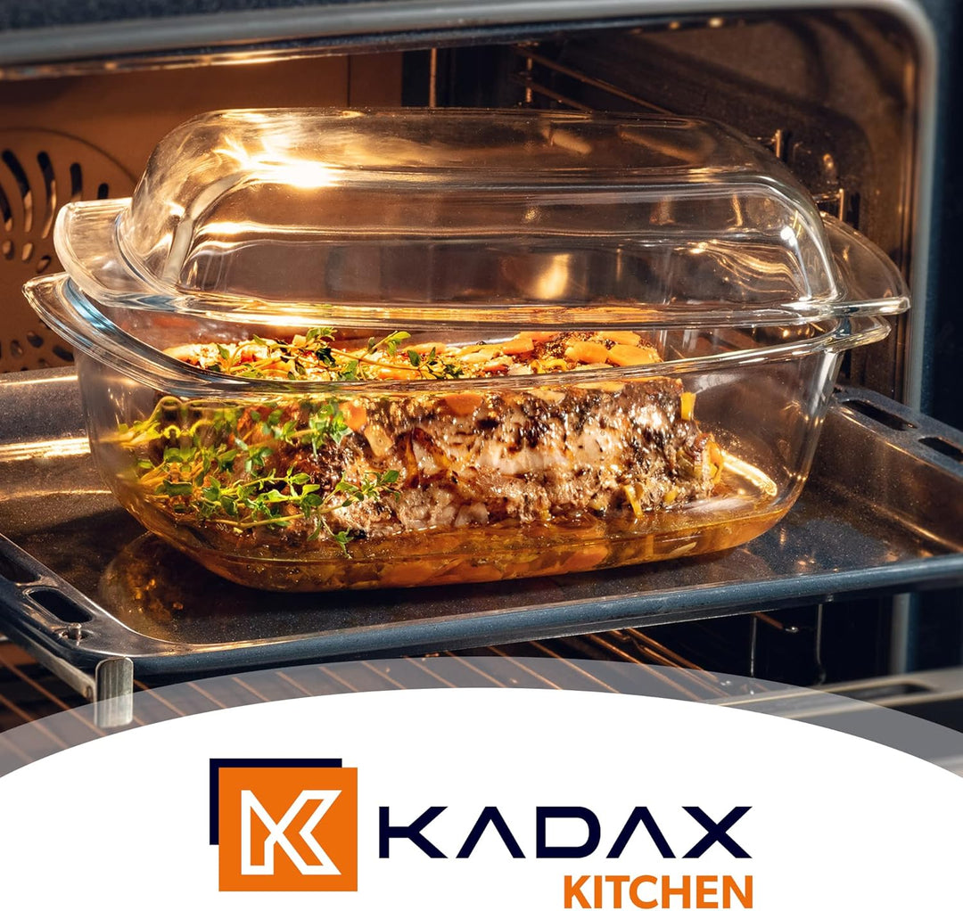 KADAX Auflaufform mit Deckel und Griffen, 5.1L, rechteckiger Glasbräter aus hitzebeständigem Glas, G
