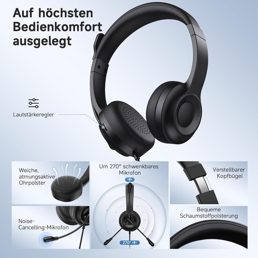 AOC Headset mit Mikrofon, Kabelgebundene On-Ear PC-Headsets mit Geräuschunterdrückung, 40mm Treiber,
