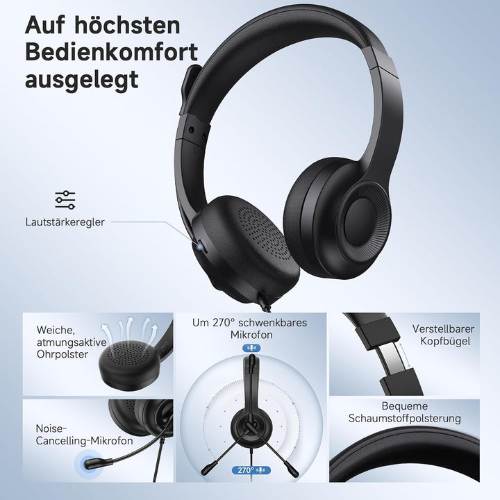 AOC Headset mit Mikrofon, Kabelgebundene On-Ear PC-Headsets mit Geräuschunterdrückung, 40mm Treiber,