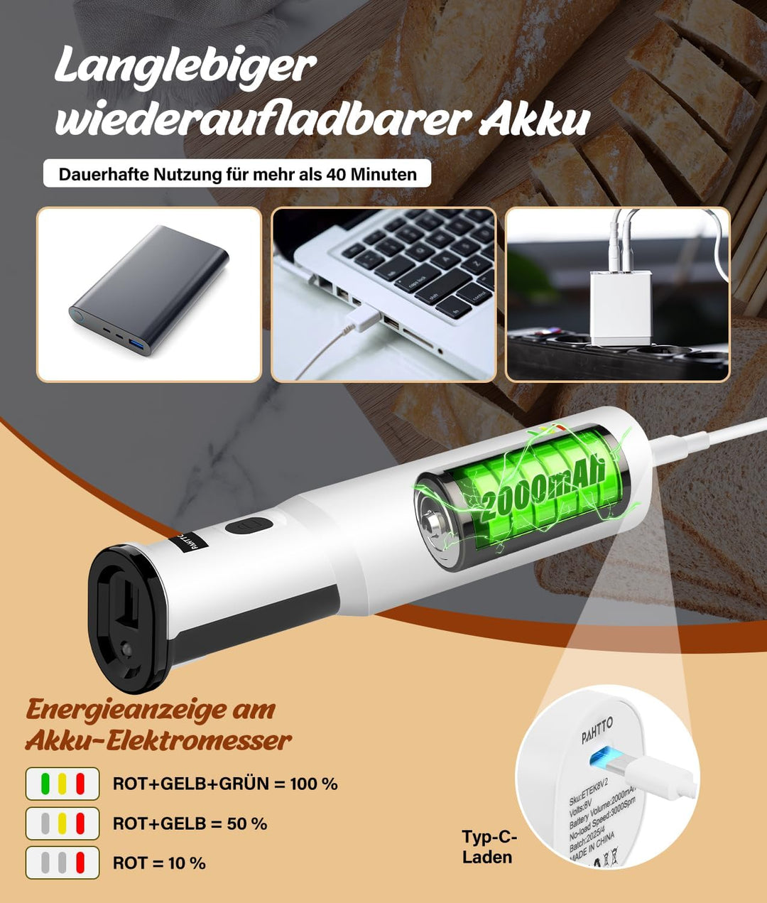 Elektromesser 8 V, Elektrisches Küchenmesser kabellos mit 2 scharfen Edelstahlklingen und Gabel, Sic