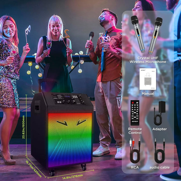 Karaoke Maschine Ankuka Karaoke Anlage mit 2 drahtlosen Mikrofonen Bluetooth PA Anlage mit Rädern un