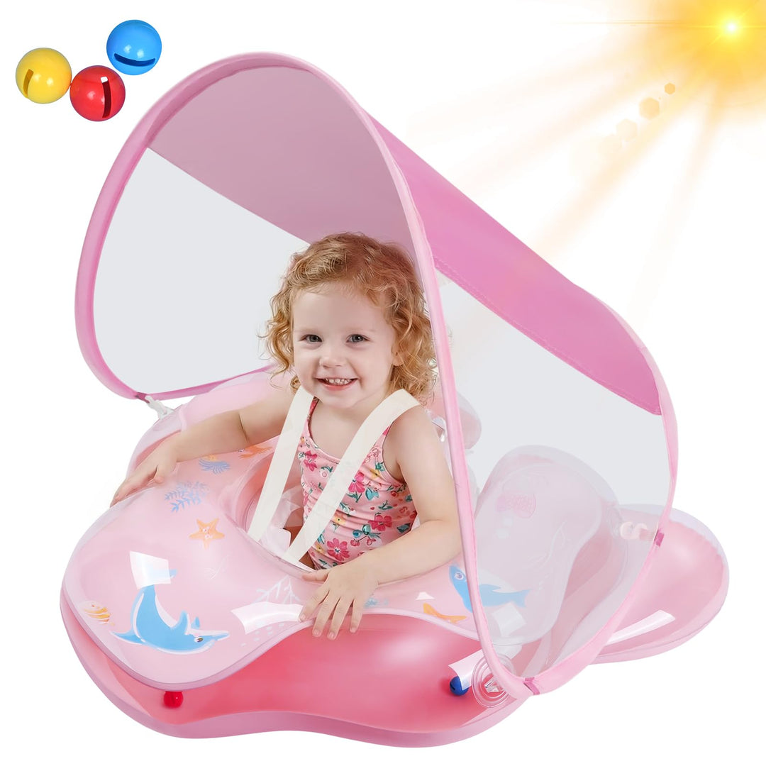 Baby Schwimmring mit abnehmbarem Sonnenschutz und Glöckchen, inklusive 1 x Handpumpe und 2 x Reparat