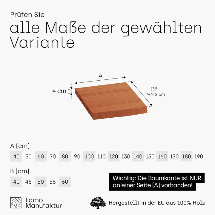 LAMO Manufaktur Waschtischplatte, Holzplatte Waschtisch Baumkante, 40x40 cm (AxB), Dunkel, ohne Mont