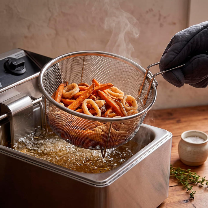 Frisierkorb mit Klappbarem Griff und Haken für die Pfanne - Runder Fritteusekorb - Edelstahl - 23 cm