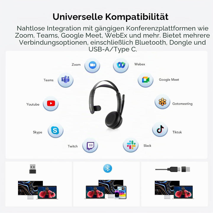 Nuroum HP31SU(2nd Gen) Bluetooth Headset mit Mikrofon Wireless, AI Geräuschunterdrückende Mics für A