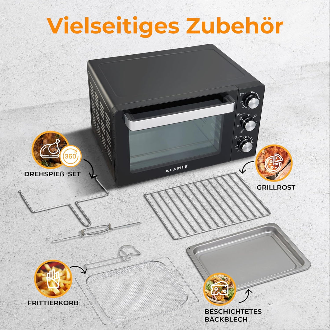 KLAMER Minibackofen mit Umluft (30 Liter), 6 Backfunktionen, 70-230°C, 120 min. Timer, Mini-Ofen ink