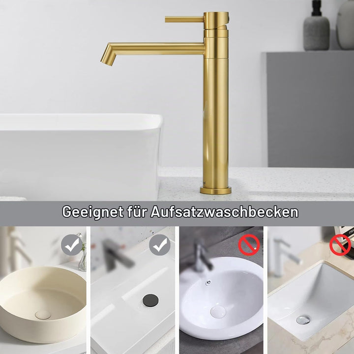 Ulytid Wasserhahn Bad Gold, Waschtischarmatur Hoch Aufsatzwaschbecken 360° Schwenkbar, Armatur Badez