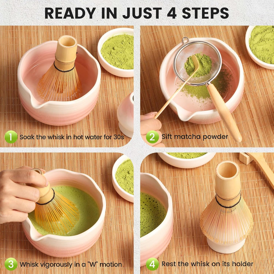 Matcha Set, 7er-Set Macha Tea Set Matcha zubehör mit Matcha Löffel, Matcha Schale mit Auslauf, Match