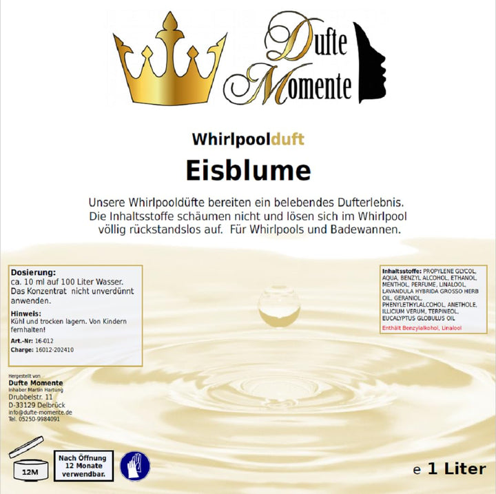 Dufte Momente | Whirlpool Duft 1000ml | Eisblume (Geranium, Menthol, Rose) | mit naturreinen und nat