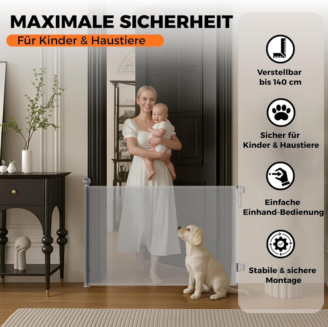 Allyson Treppenschutzgitter ausziehbar bis 140 cm, 86 cm hoch, Baby- und Haustier-Schutzgitter, Gerä