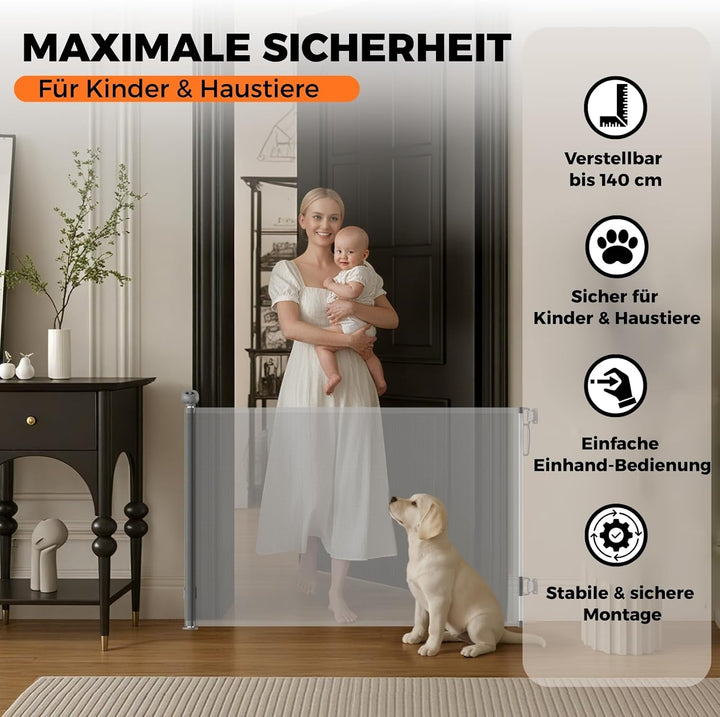 Allyson Treppenschutzgitter ausziehbar bis 140 cm, 86 cm hoch, Baby- und Haustier-Schutzgitter, Gerä