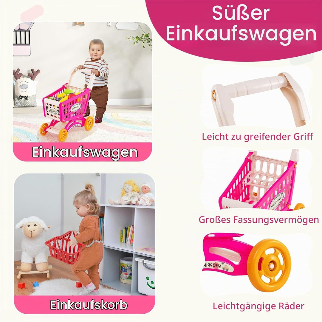 HOMASIS Supermarkt mit Einkaufswagen &amp; 29 Zubehör, Kaufladen mit Licht &amp; Sound, Kaufmannsladen mit K