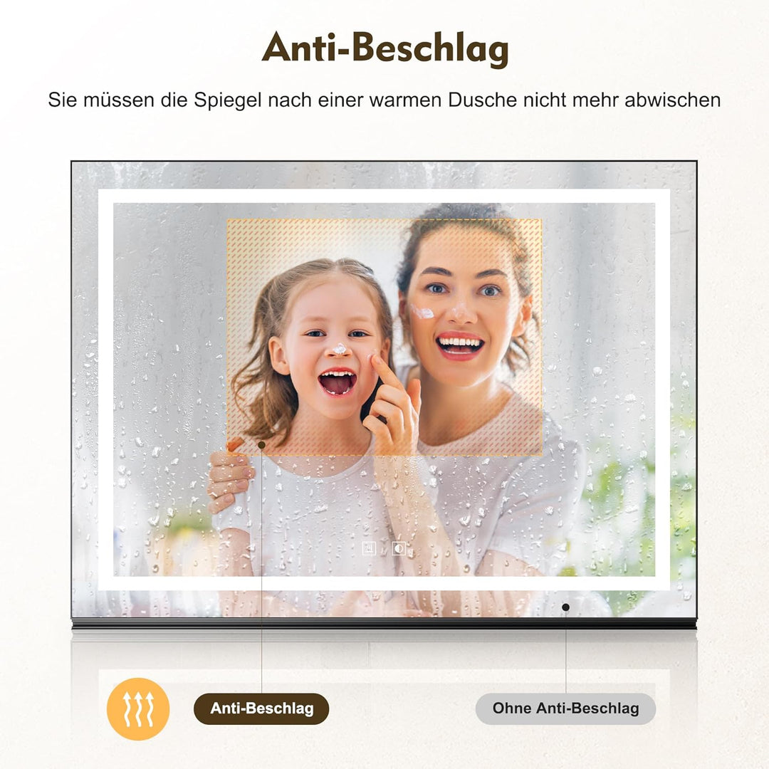 SONNI Badspiegel mit Beleuchtung 80x60cm + 80cm Ablage, Touch Badezimmerspiegel 3 Lichtfarben, Anti-